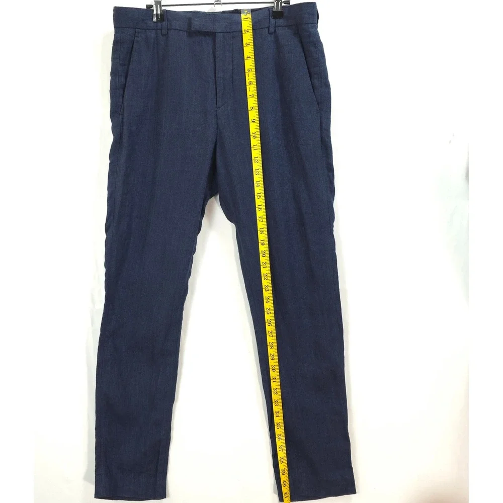 H&M Linen Trousers Men 33R Slim Fit Navy Blue Neutral Coastal Summer Chino Pants